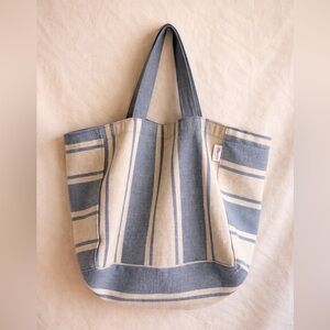 Large Sunbrella Stripe Canvas Beach Tote Blue Cream Coastal Bag